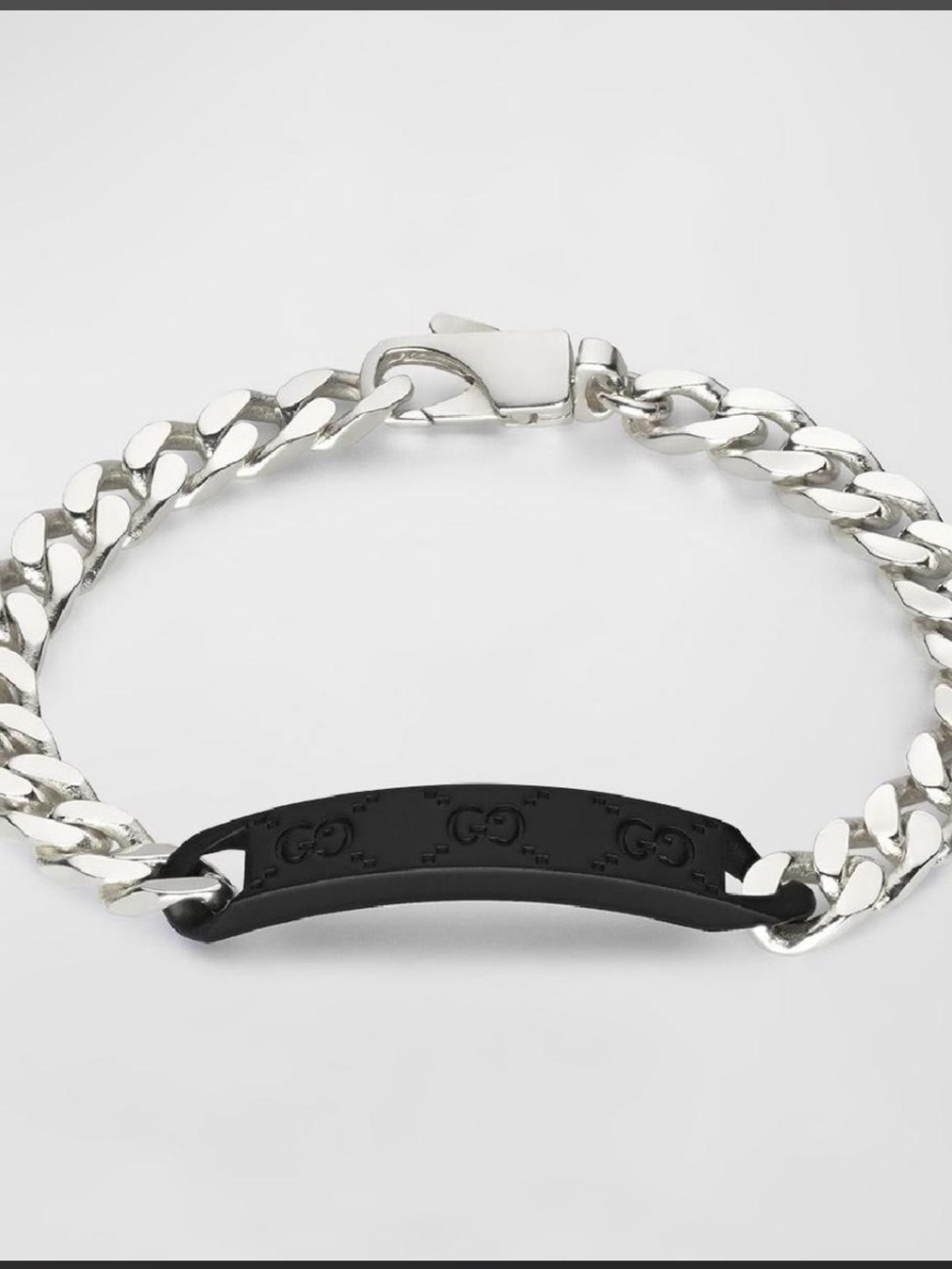 Gucci Silver Chain Bracelet with Black Logo Plate Bar